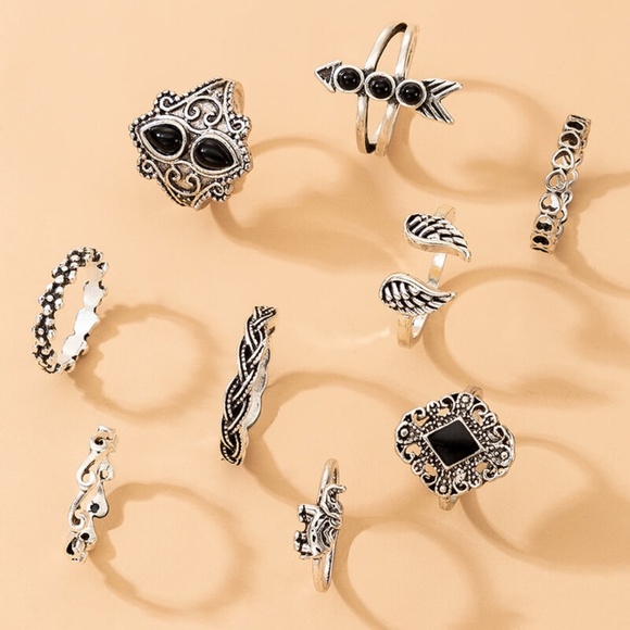 **EMBERLY* 9-Pc Silver x Black Fashion Geometric Ring Set - Picture 5 of 6